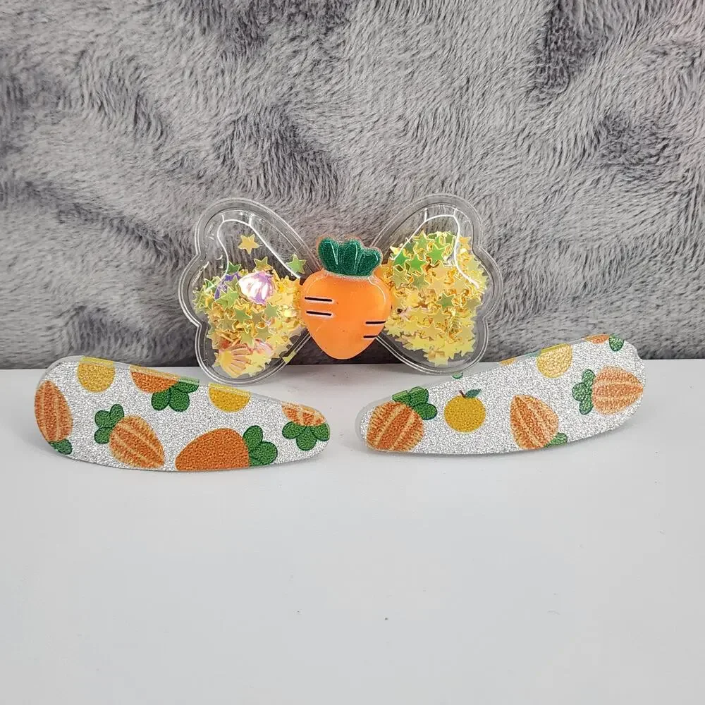 3 pc Carrot Theme Hair Accessories Glittery Bow with Carrot Charm & Snap Clips